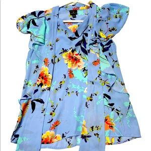 Worthington Blue Floral Sheer Blouse Top Sz. Small
